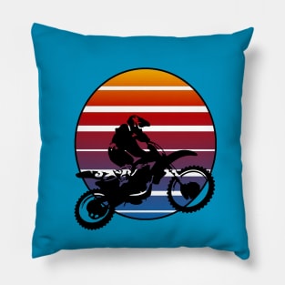Motor X Silhouette Dirt Bike Against Retro Sunset Pillow