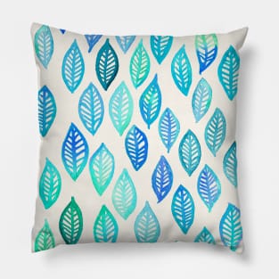 Watercolor Leaf Pattern in Blue & Turquoise Pillow