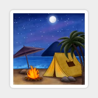 Summer Night Illustration With Tent Beach Magnet