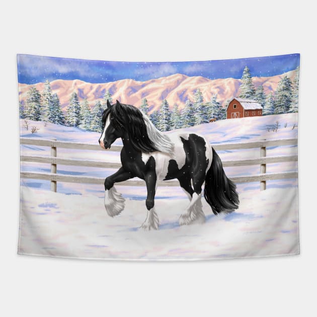 Black Pinto Piebald Gypsy Vanner Draft Horse Trotting in Snow Tapestry by csforest