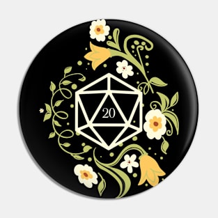 Polyhedral D20 Dice Plant and Flowers Pin