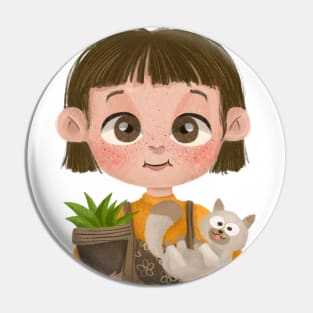 Little Girl and Cat Pin