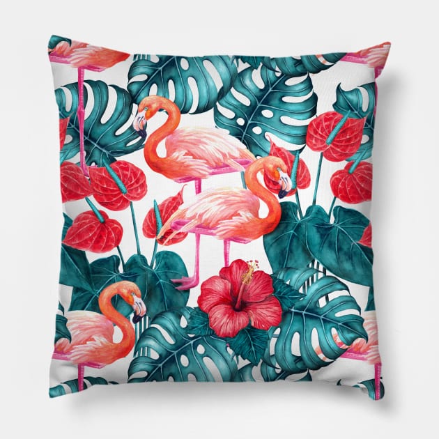 Flamingo birds and tropical garden watercolor Pillow by katerinamk