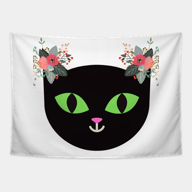 Black cat with flowers Tapestry by P-ashion Tee