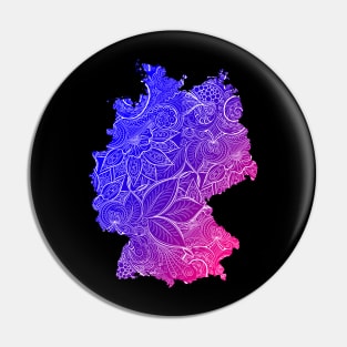 Colorful mandala art map of Germany with text in blue and violet Pin