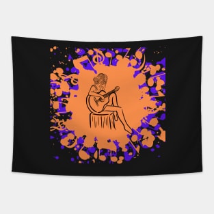 Girl Playing Guitar - Color Spilled Abstract Graphic for Music Lovers Tapestry