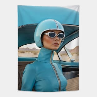 60s Retro Futuristic Woman in Blue in the Desert Tapestry