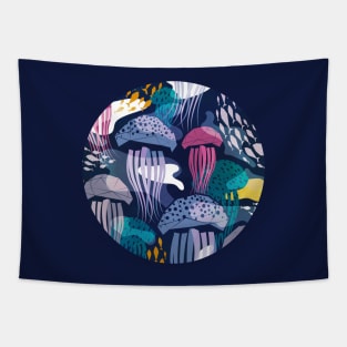 Bioluminescence geometric jellyfish // pnavy blue background pink violet blue and teal geo sea jellies Tapestry