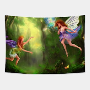 Mystic fairies flying in an enchanted forest Tapestry