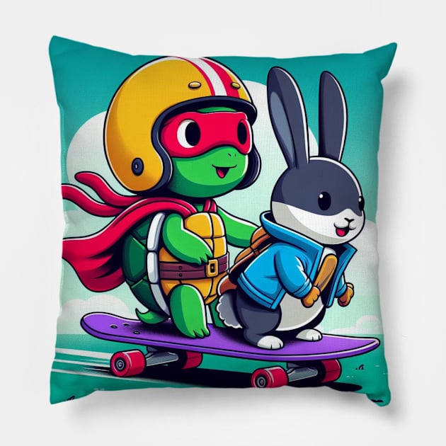 "Surf de Sagesse : La Course Épique du Lapin et de la Tortue" Pillow by Zinoo