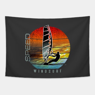 windsurfer planing at sunset over ocean waves Tapestry