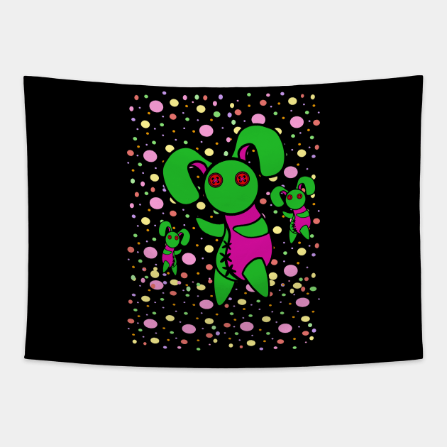 Button Eyes Rabbit on Black Tapestry by DebutPages 