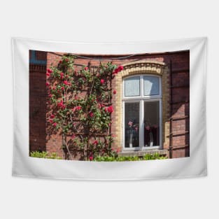 Window with climbing roses, administration building, Nordwolle industrial monument, Delmenhorst, Lower Saxony, Germany, Europe Tapestry