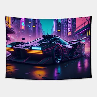 Dark Neon City Sports Car Tapestry