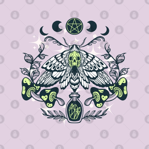 Wicca death moth with magic potion and mushrooms by MonochromeEcho