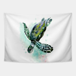 Sea Turtle, Blue turquoise olive green navy blue artwork underwater Tapestry