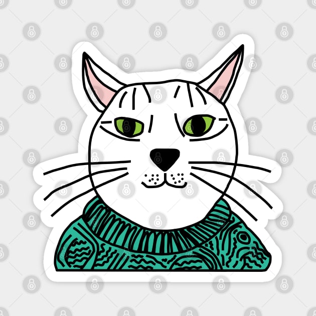 Portrait of Aqua Sweater Cat Magnet by ellenhenryart