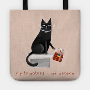 Cartoon black cat throwing off a jar of tomatoes with the inscription "My tomatoes - my weapon." Tote