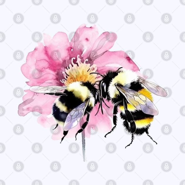 Bees in Watercolor Sitting on A Pink Flower by mw1designsart