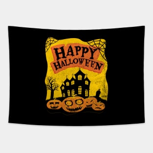 Happy Halloween Haunted House and Pumpkins Tapestry