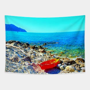 Scene in Spiaggia delle Terrazze with a boat on a rocky beach Tapestry