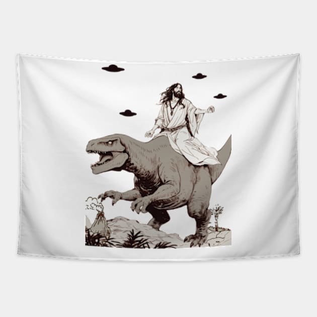 Jesus Riding Dinosaur UFO Funny Tapestry by Mimimoo