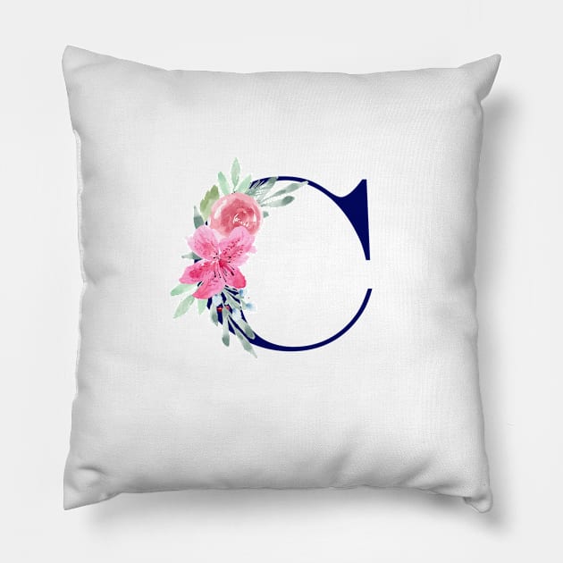 Watercolor Floral Letter C in Navy Pillow by Harpleydesign