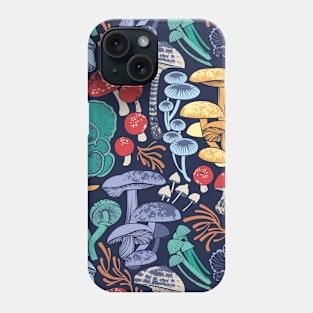 Mystical fungi // pattern // midnight blue background multicoloured wild mushrooms Phone Case