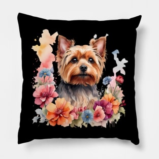 A yorkshire terrier decorated with beautiful watercolor flowers Pillow