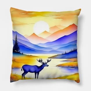 Watercolor Deer And Sunset Art Pillow