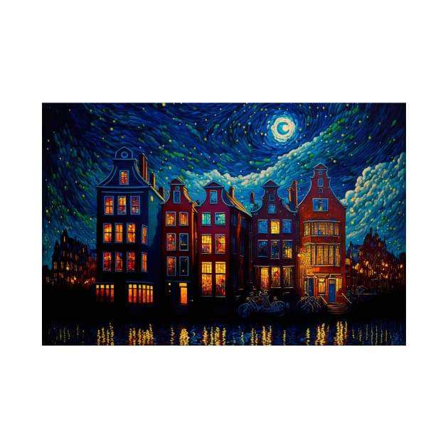 A city at night with a full moon. by Artisticwalls