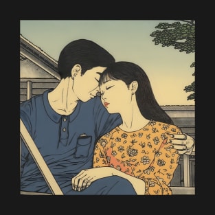 Pretty Asian Couple Hugging and Kissing on the Bench T-Shirt