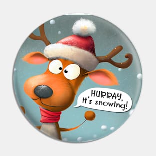 Happy Reindeer with Santa Hat is crazy about snow Pin
