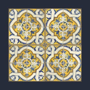 "Flowers and Leaves", vintage ceramic tiles in yellow, blue, and brown, 1600s, Portugal, cleaned and restored T-Shirt