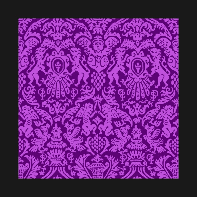 Pink on Purple Weird Medieval Lions, Cherubs, and Skulls Scrollwork Damask by JamieWetzel