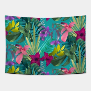 Elegant tropical flowers and leaves pattern purple illustration, blue tropical pattern over a Tapestry