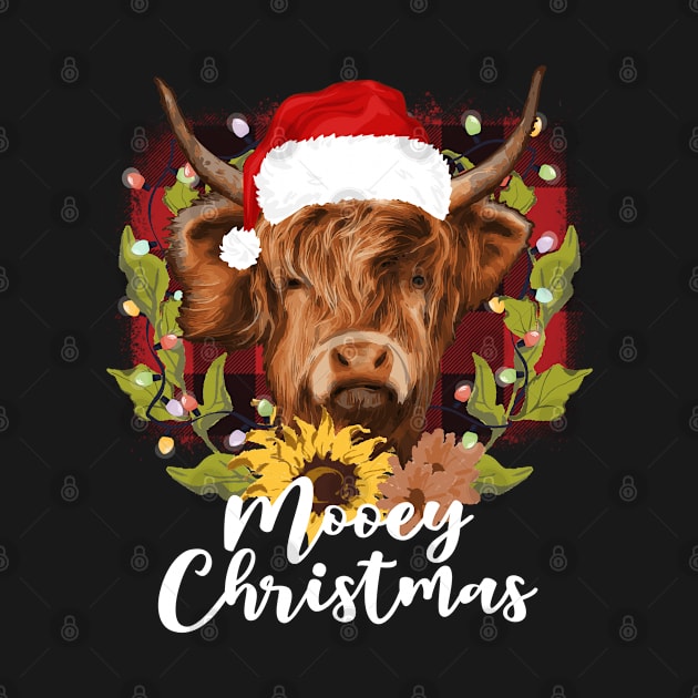 Mooey Christmas Tshirt Highland Cow Xmas Light Santa Hat by dounjdesigner