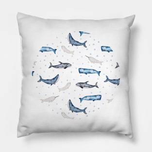 Watercolor Whales humpback, blue, orca, beluga, narwhal Pillow