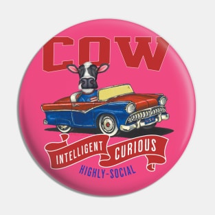 Funny and cute cow in a vintage classic retro car with red white and blue banner with personality traits tee Pin