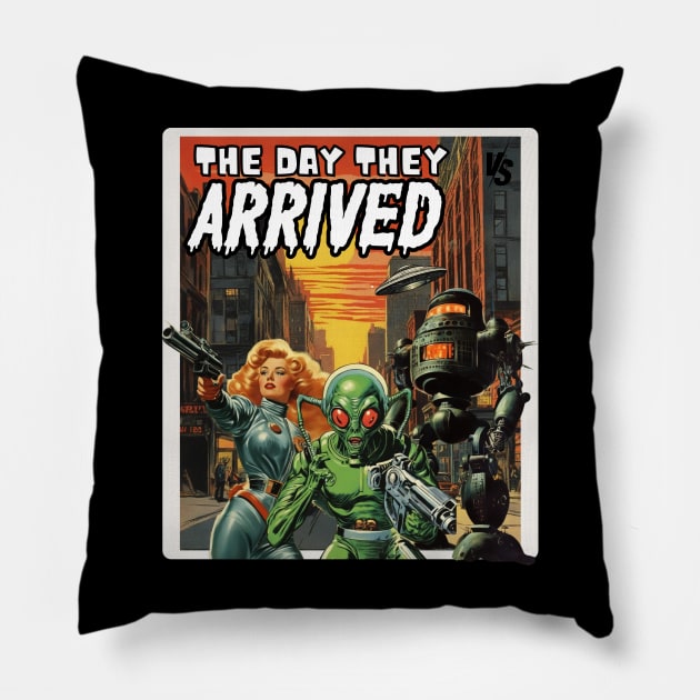 The Day they arrived, retro comic book cover Pillow by Teessential