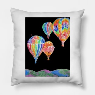 Hot Air Balloon Watercolor Painting on Black Balloons Pillow