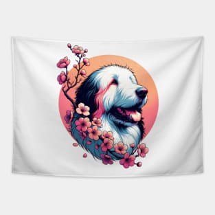 Old English Sheepdog Spring Cherry Blossoms Joy Tapestry