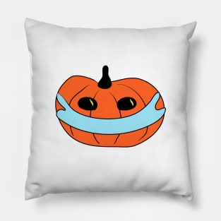 Pumpkin quarantine wearing a Mask. Comic concept. Symbolism. Covid 19. Pandemic. Halloween. Celebration. Horror Pillow