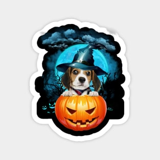 Beagle Witch Hat Pumpkin And Blue Moon Halloween Magnet