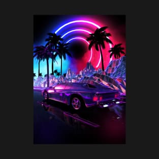 Neon landscape: Synthwave palms & car, outrun T-Shirt