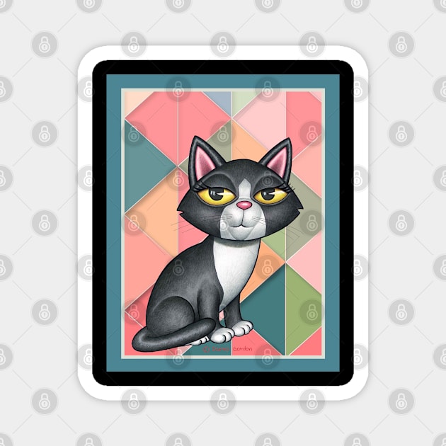 Black white kitty cat on art deco in greens and orange Magnet by Danny Gordon Art