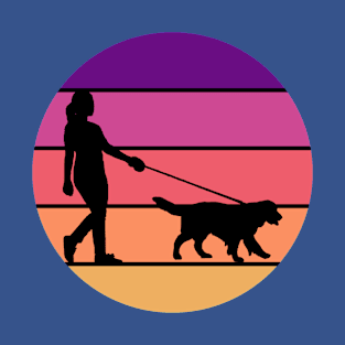 Woman Walking A Dog in Sunset Circle T-Shirt