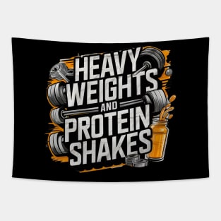 "Heavy weights and protein shakes" gym workout typography Tapestry