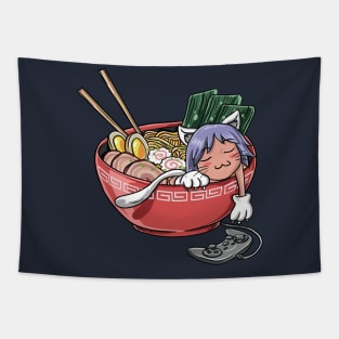 Cute Kawaii Chibi Anime Cat Gamer Ramen Noodles Gift Tapestry