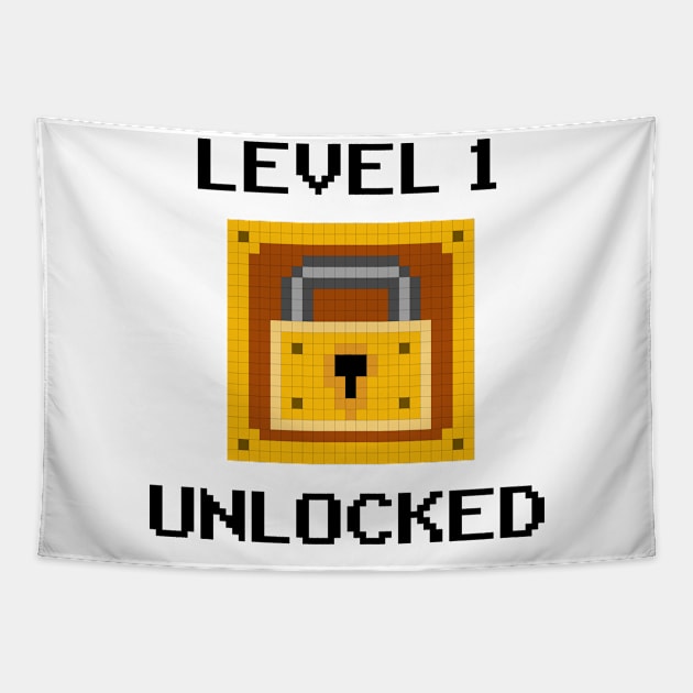 Level 1 Unlocked 1st Birthday Boy Gamer Gift Pixel Art Tapestry by Kuehni